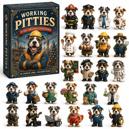 2026 Working Pitties 24-Day Christmas Countdown Calendar – 24 Unique Career Pit Bull Miniatures, Funny Working Dog Collector’s Gift for Pittie Lovers