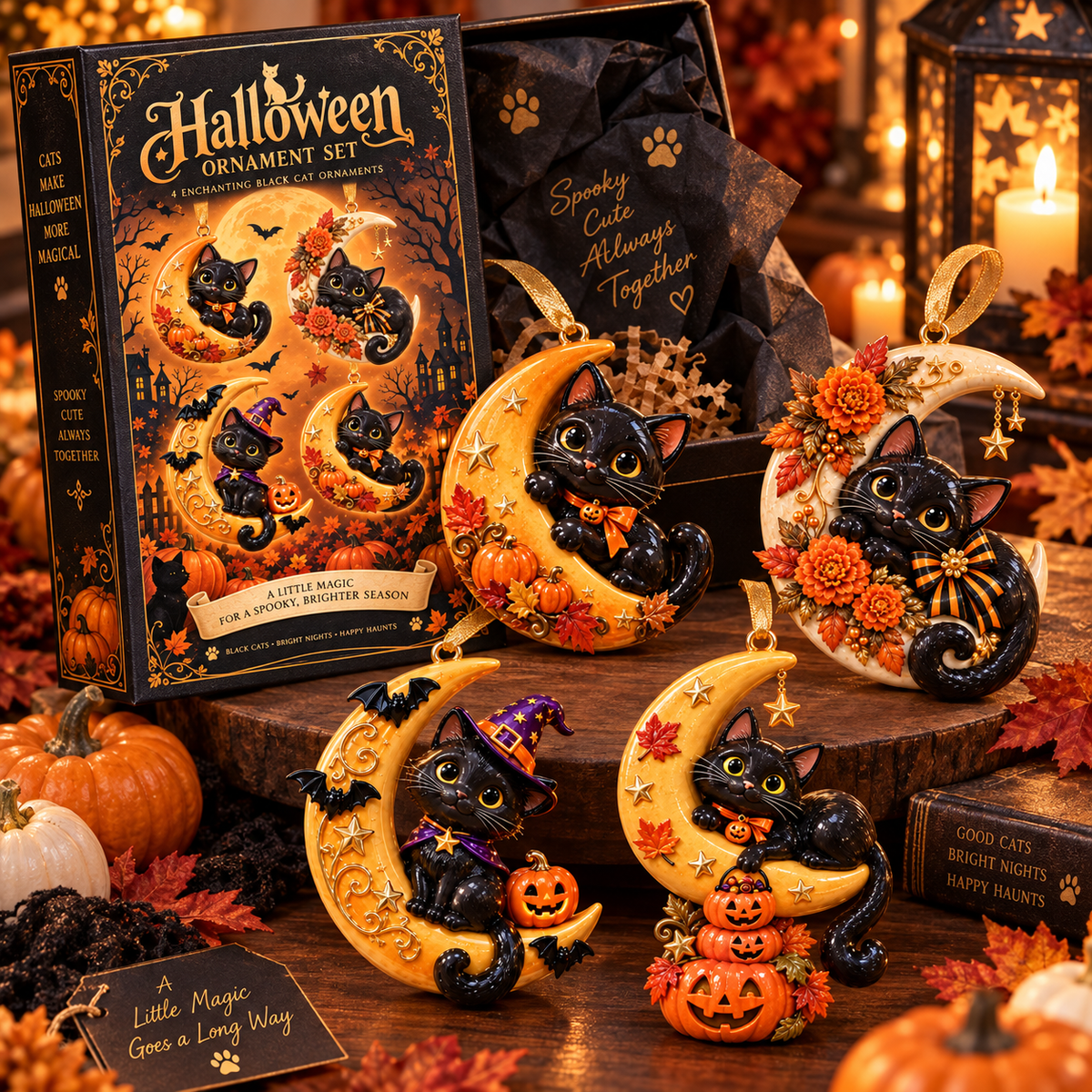 Black Cat Crescent Moon Halloween Ornament -  Spooky-Cute Hanging Keepsake Collection, Festive Halloween Gift for Cat Lovers & Family