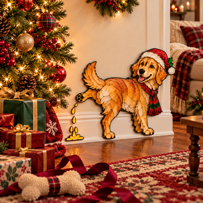 Funny Peeing Golden Retriever Christmas Decoration – Stained Glass-Style Dog Yard Art & Baseboard Decor