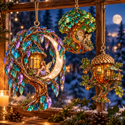 ✨ 2026 Enchanted Stained Glass Treehouse Christmas Ornaments – Set of 6 |  Fairy Tree Houses, Autumn Maple, Acorn Cottage & Moonlight Willow Hanging Decorations | Magical Christmas Tree Ornaments & Fairy Garden Gifts