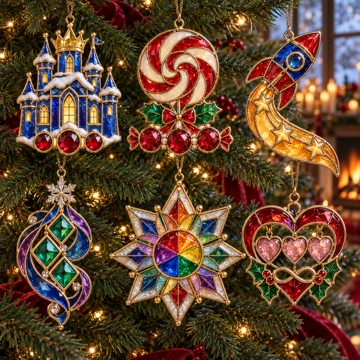 ✨ 2026 Magical Stained Glass Christmas Ornaments – Set of 6 |  Crystal Castle, Candy, Rocket, Rainbow Star & Heart Hanging Decorations | Colorful Christmas Tree Ornaments & Holiday Gifts