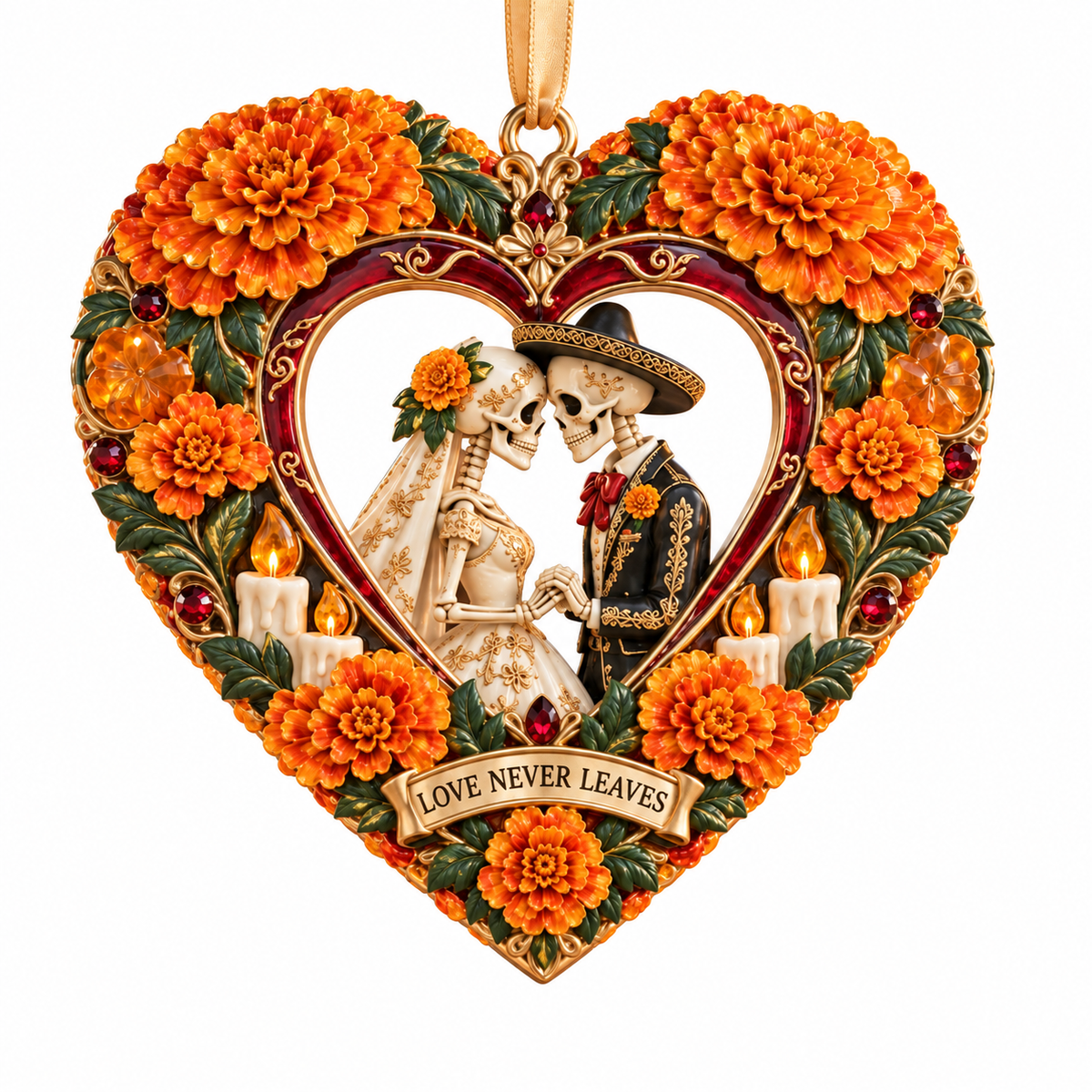 Día de Muertos Marigold Heart Ornaments –  “Forever in Our Hearts” Memorial Keepsake Collection