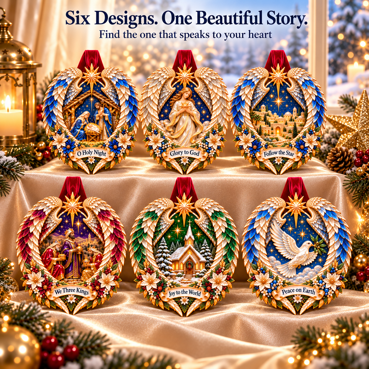 Complete six-piece Wings of Faith Christian Christmas ornament collection