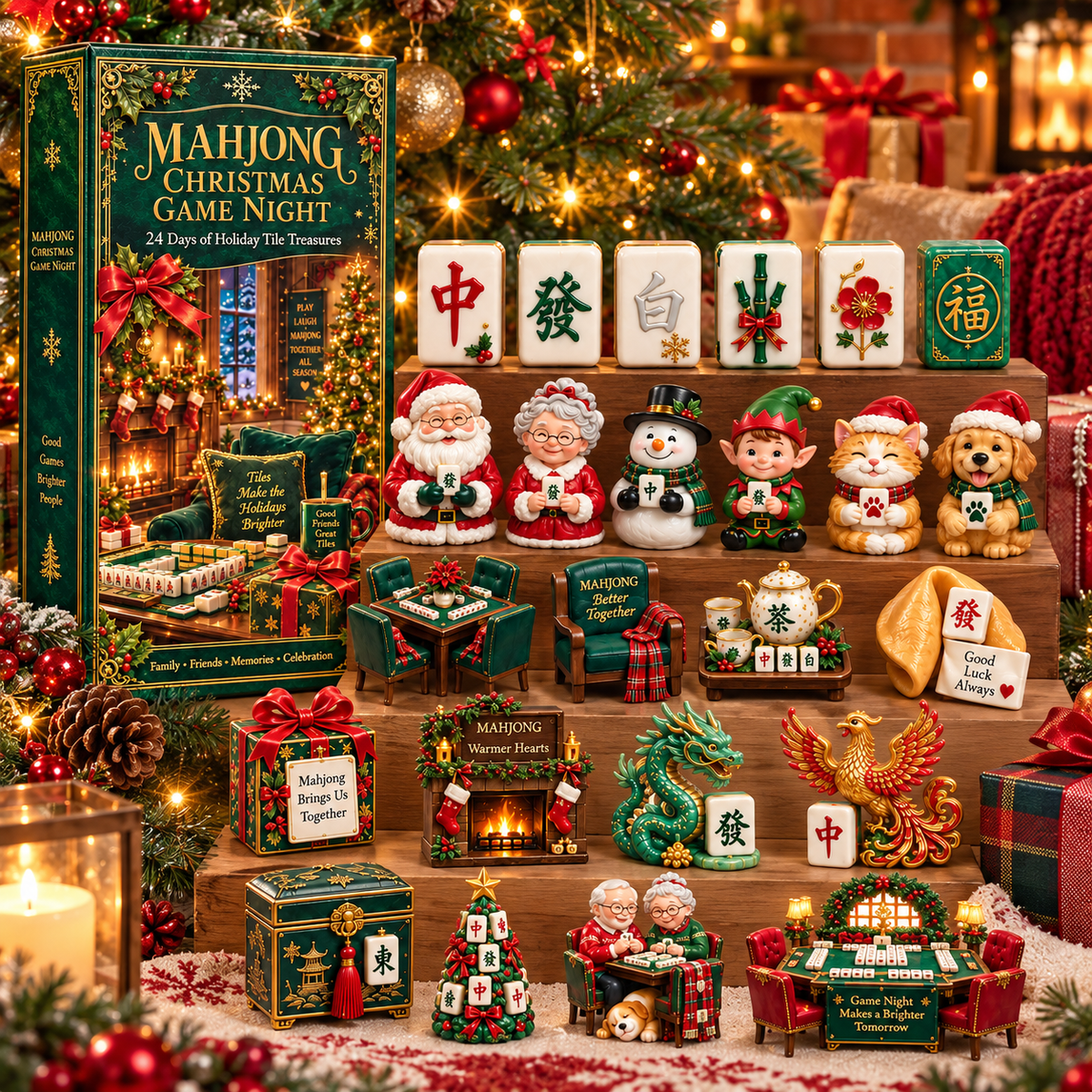 Mahjong Christmas Game Night 2026 – 24-Day Holiday Tile Treasures Countdown Calendar with 24 Unique Collectible Miniatures, Festive Gift for Mahjong Lovers & Family Game Nights