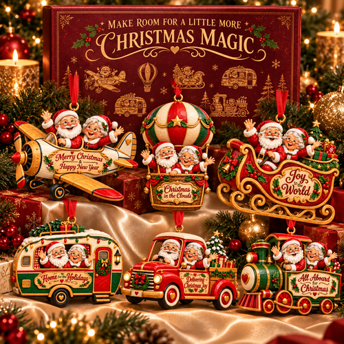 Santa & Mrs. Claus Christmas Adventures – Festive Tree Ornaments in 6 Charming Designs