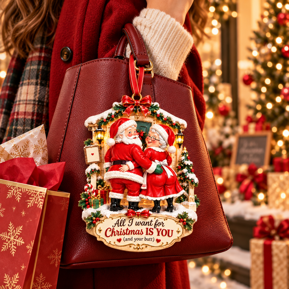 All I Want for Christmas Is You (And Your Butt) – Funny Santa & Mrs. Claus Christmas Ornament, Romantic Couple Keepsake & Christmas Gift for Husband or Wife