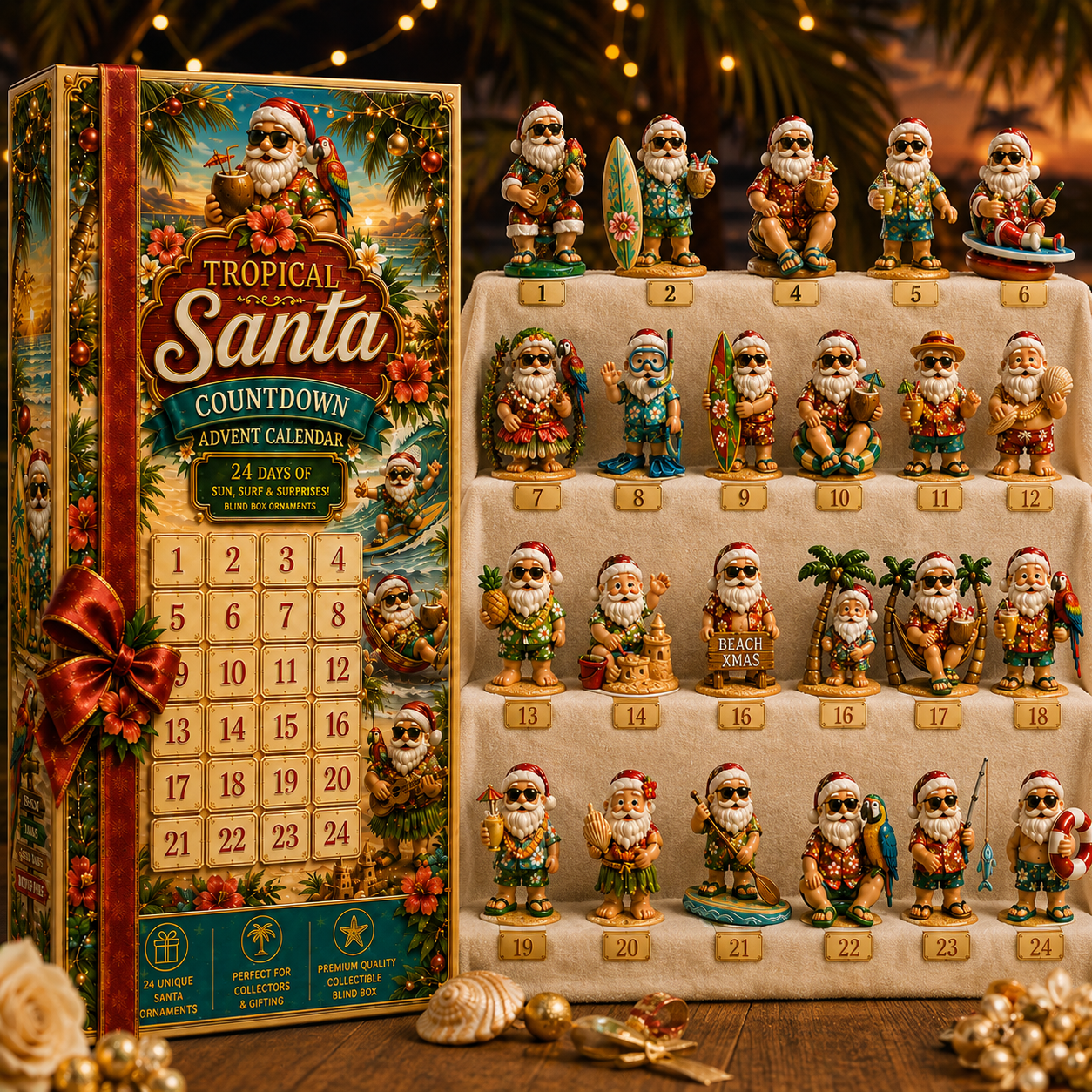 ✨24-Day Christmas Countdown Advent Calendar –Beach-vacation Santa Claus