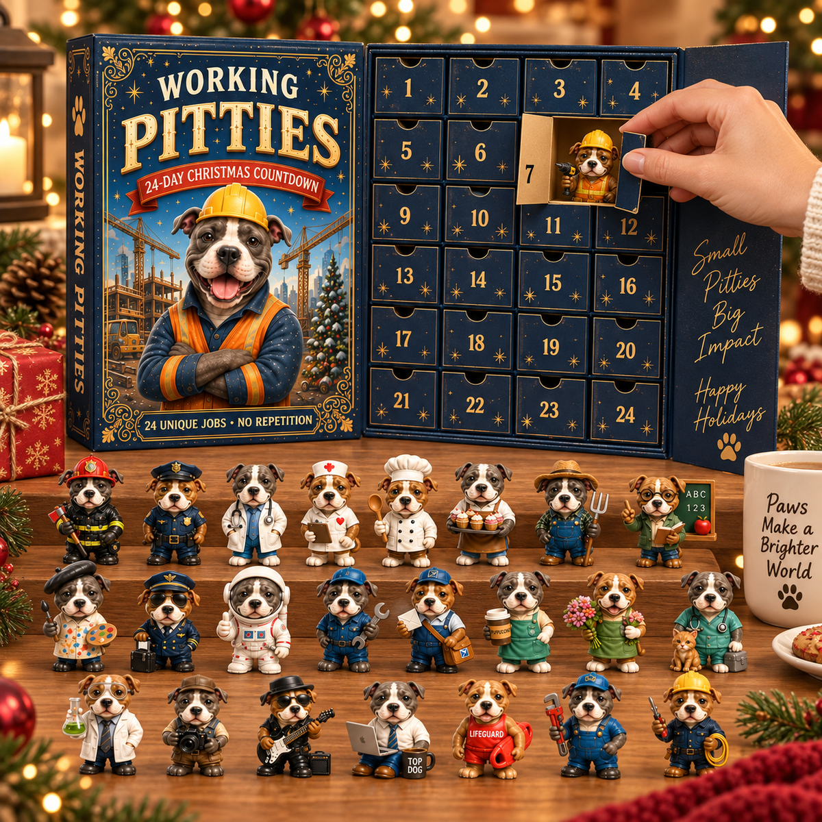 2026 Working Pitties 24-Day Christmas Countdown Calendar – 24 Unique Career Pit Bull Miniatures, Funny Working Dog Collector’s Gift for Pittie Lovers