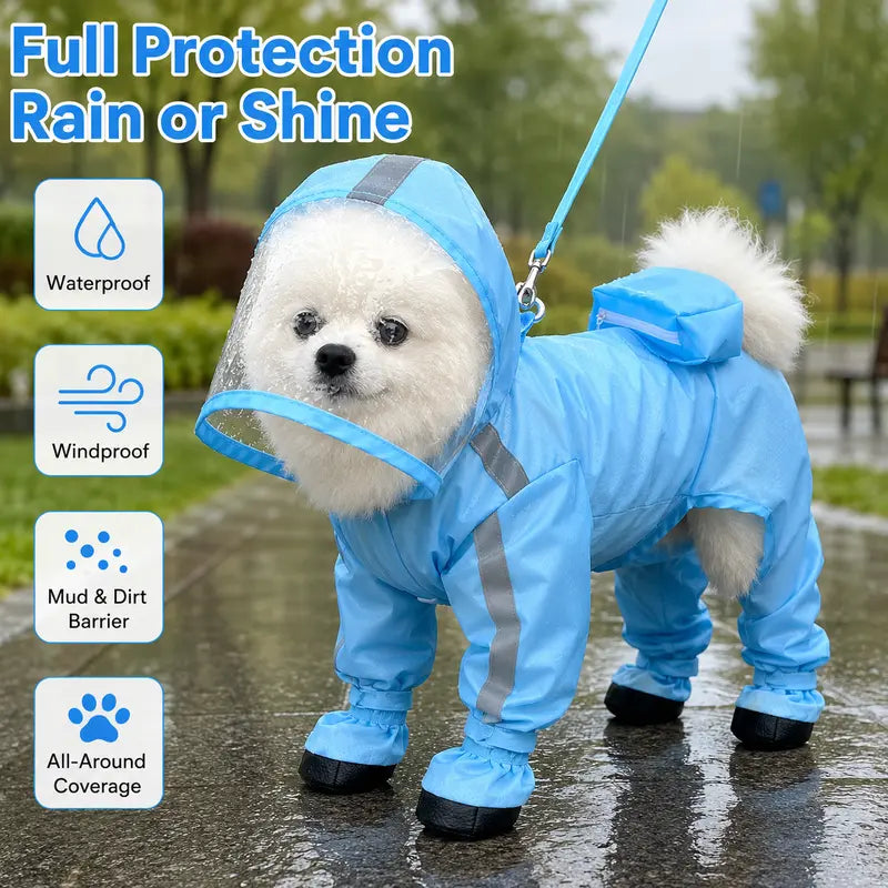 Waterproof 4-Leg Dog Raincoat with Hood & Attached Boots 🐶