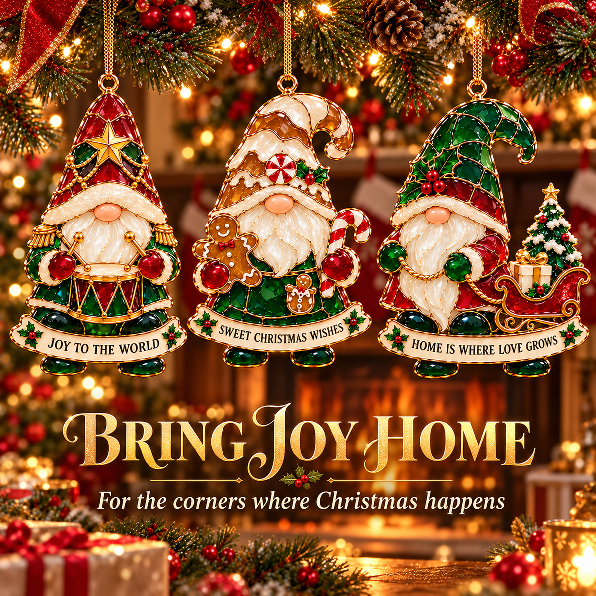 Gnome for the Holidays – 6-Piece Stained Glass–Style Christmas Ornament Set with Heartwarming Wishes