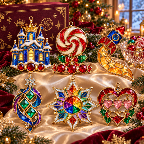 ✨ 2026 Magical Stained Glass Christmas Ornaments – Set of 6 |  Crystal Castle, Candy, Rocket, Rainbow Star & Heart Hanging Decorations | Colorful Christmas Tree Ornaments & Holiday Gifts