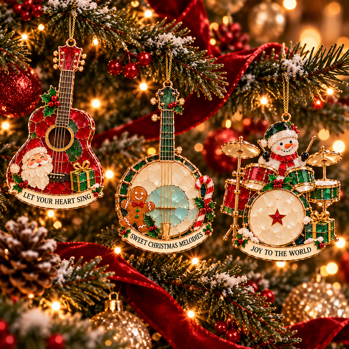 Christmas Melodies – 6-Piece Stained-Glass-Style Musical Instrument Ornament Set | A Christmas Gift for Music Lovers