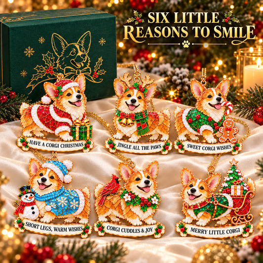 2026 Merry Corgi Christmas Ornaments – Set of 6 | Vintage Stained-Glass Style with Golden Details & Heartwarming Holiday Wishes
