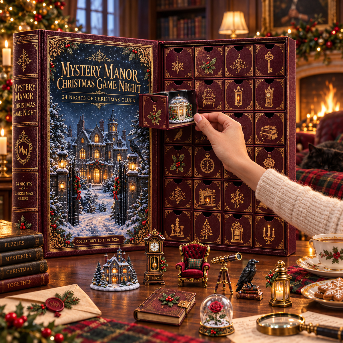 Mystery Manor Christmas Game Night 2026 – 24 Nights of Christmas Clues Countdown Calendar with 24 Unique Collectible Miniatures, Vintage Manor Mystery Gift for Puzzle & Game Lovers