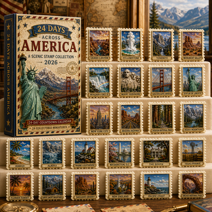 2026 24-Day Across America Advent Calendar – 24 Collectible Scenic Stamp Miniatures Featuring Iconic U.S. Landmarks, A Unique Christmas Gift for Travel Lovers & Collectors