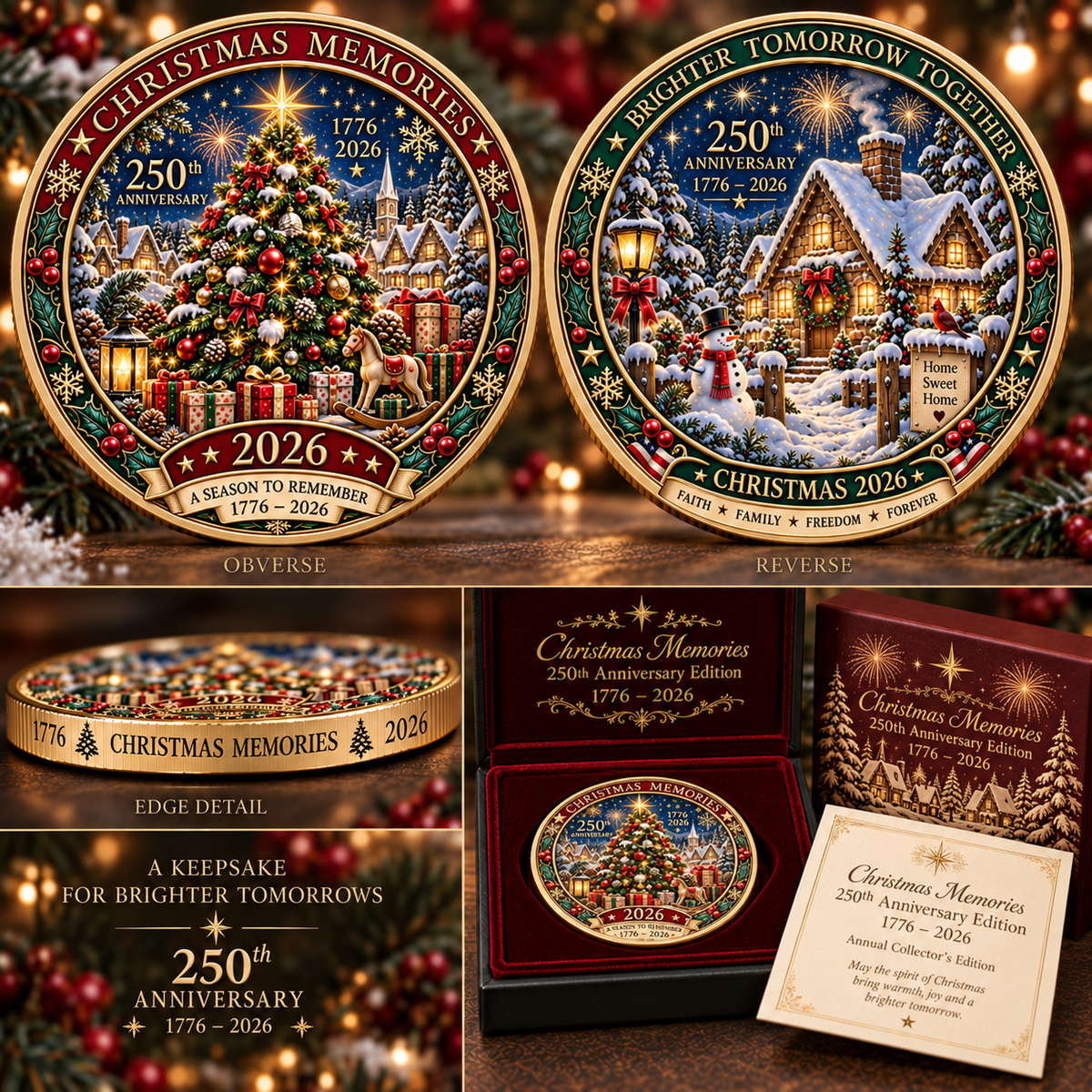 2026 "Christmas Memories" - 250th Anniversary Commemorative Coin, a double-sided holiday collectible.