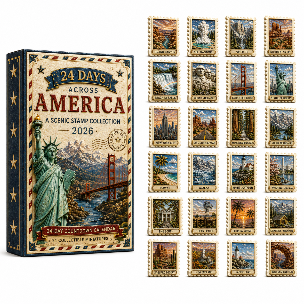 2026 24-Day Across America Advent Calendar – 24 Collectible Scenic Stamp Miniatures Featuring Iconic U.S. Landmarks, A Unique Christmas Gift for Travel Lovers & Collectors