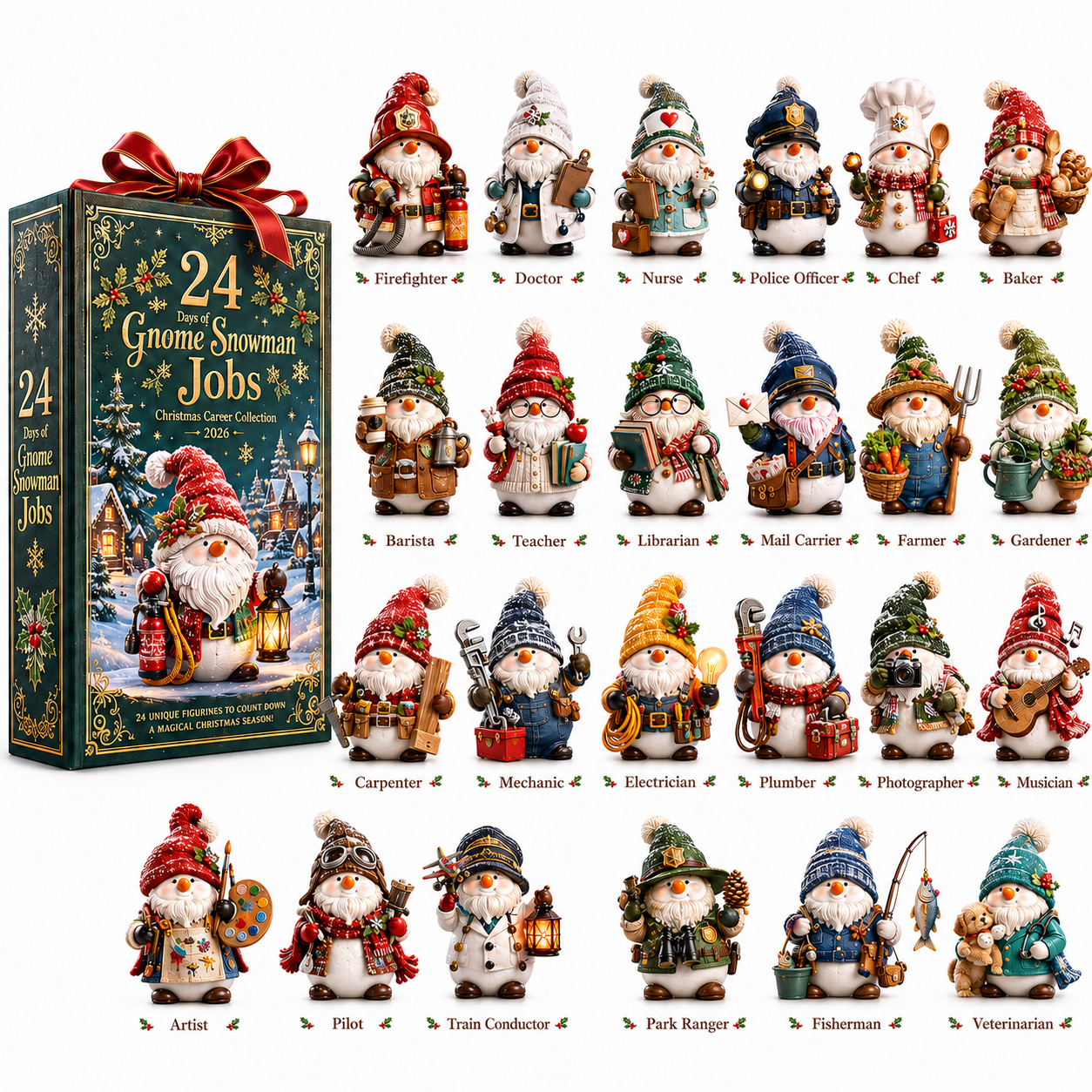 2026 Gnome Snowman Jobs 24-Day Christmas Countdown Calendar – 24 Unique Career Snowman Gnome Miniatures, Whimsical Holiday Collector’s Gift