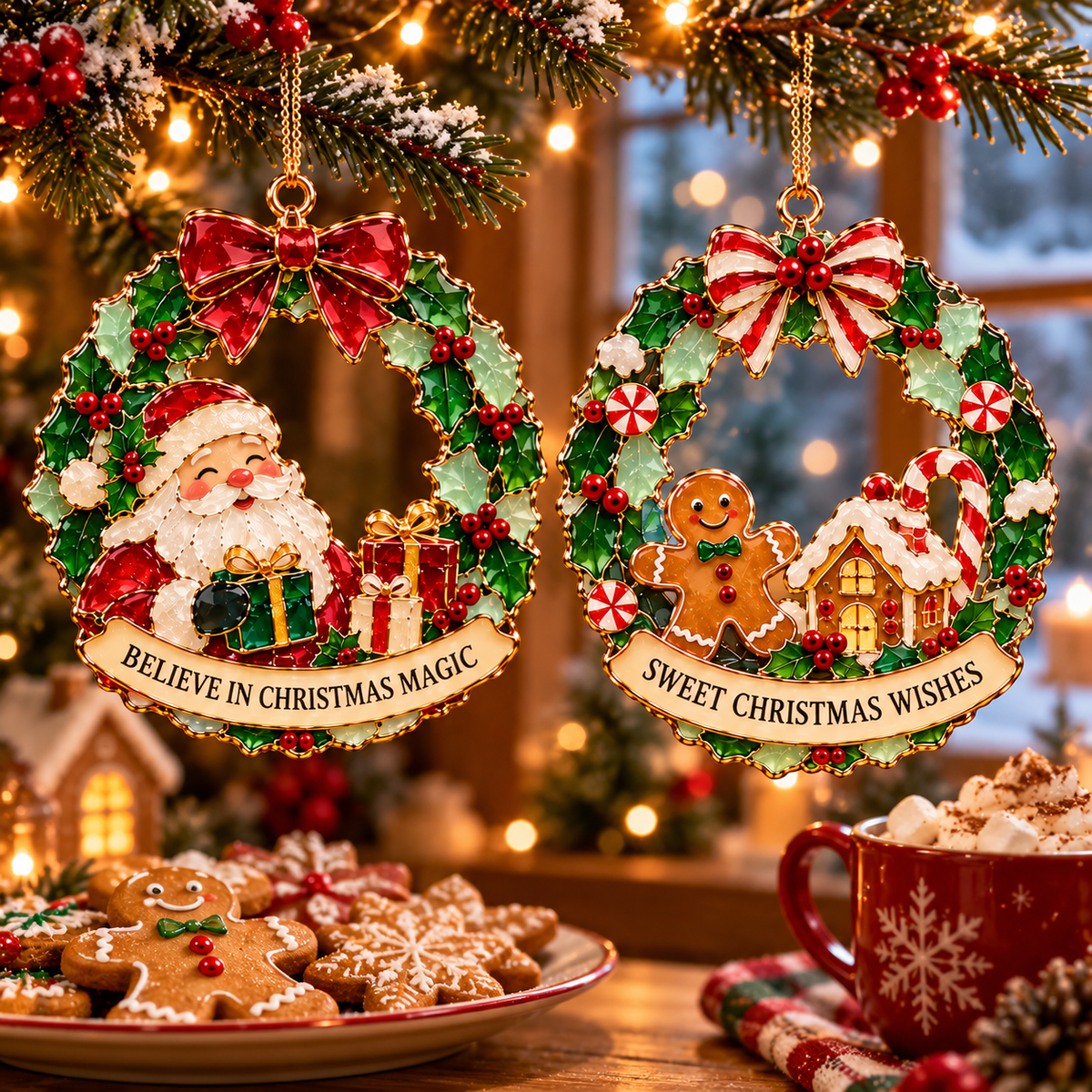 Christmas Wishes Wreath Ornaments – 6 Festive Designs in Stained Glass Style
