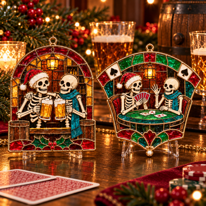 Friends for Eternity – Vintage Stained Glass Style Skeleton Christmas Ornaments, Set of 6