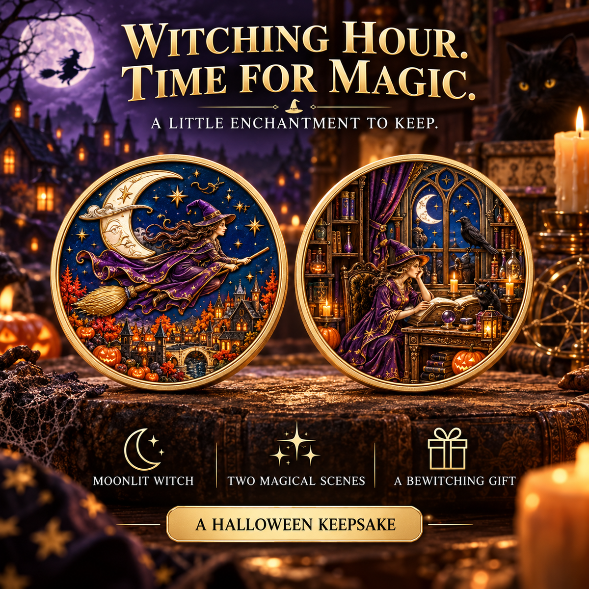 2026 Enchanted Halloween Collectible Coins – 8 Double-Sided Designs with Witches, Ghosts & Moonlit Villages