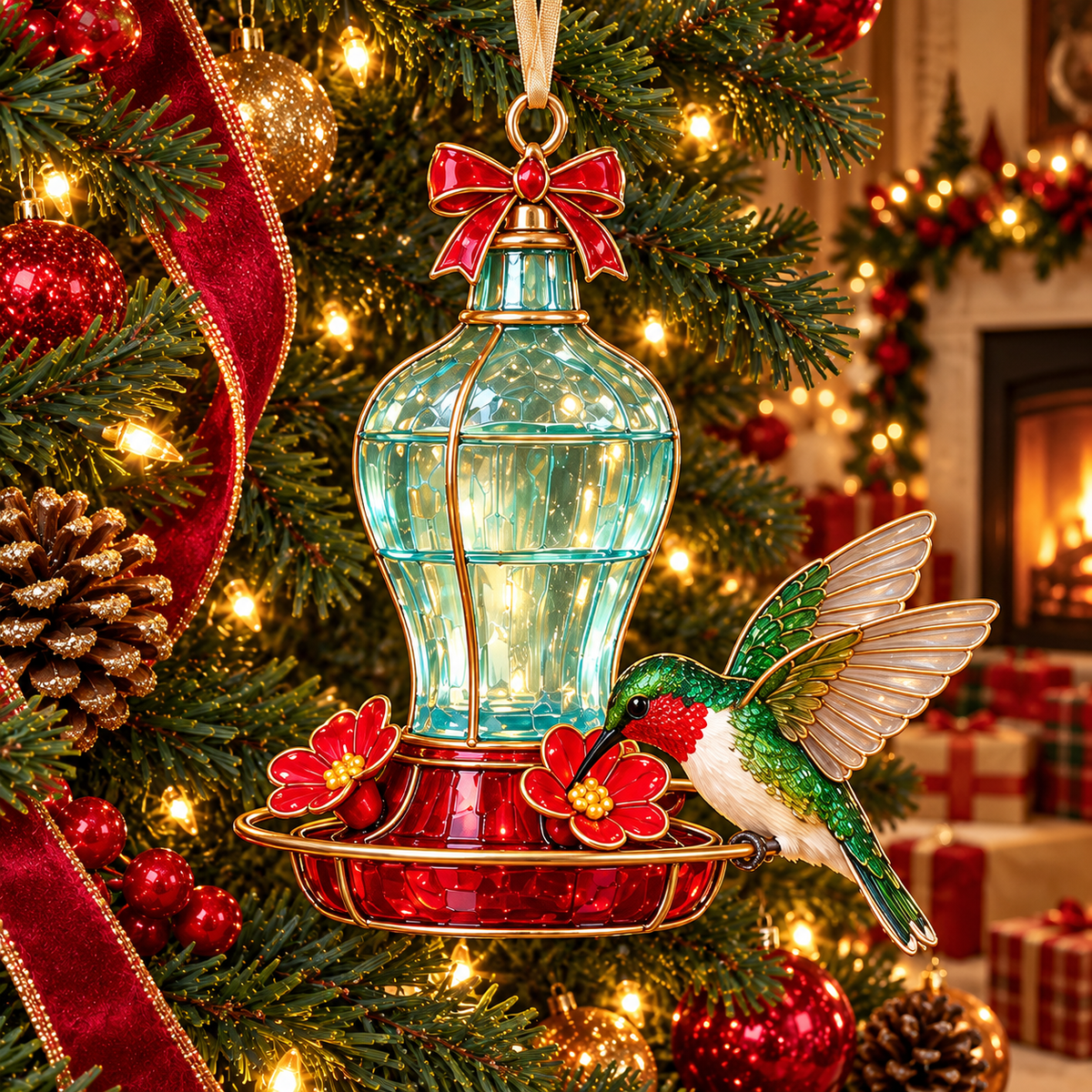 Vintage Bird Feeder Christmas Ornaments – 6-Piece Stained Glass-Style Backyard Birds Collection