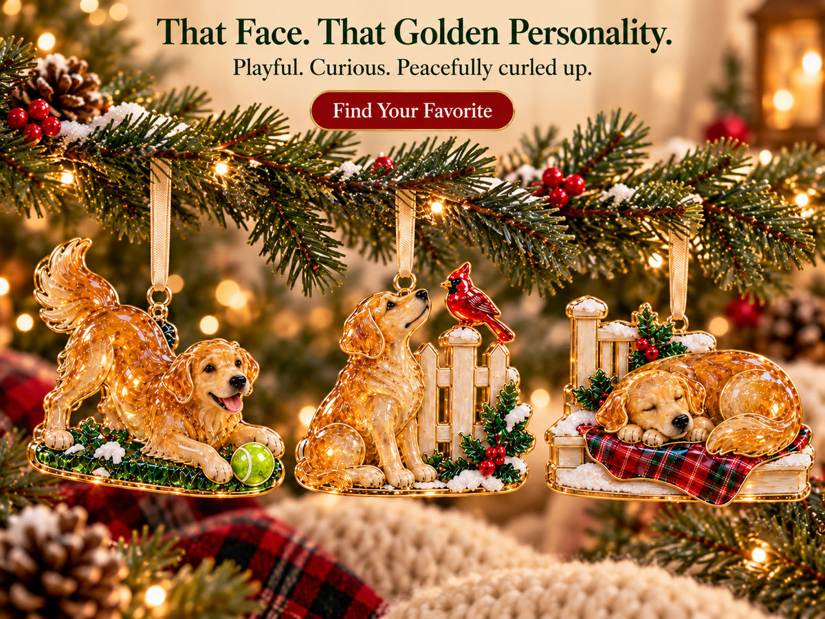 Golden Retriever fetch cardinal and porch nap ornaments glowing under Christmas lights