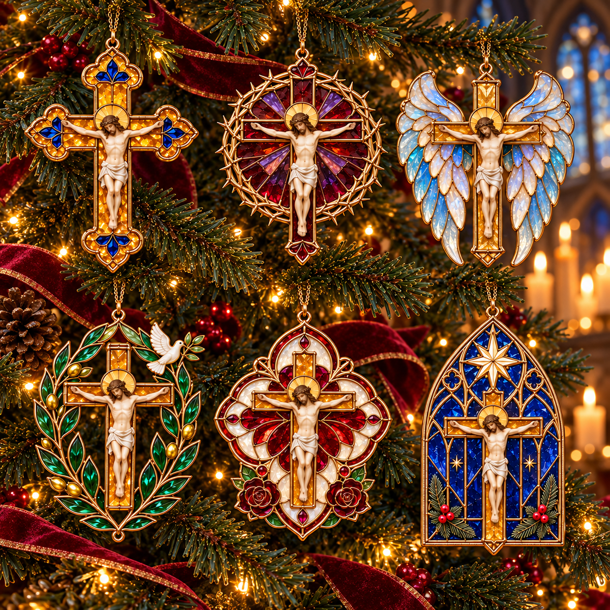 2026 Sacred Light — Vintage Stained Glass–Style Crucifix Christmas Ornaments | Set of 6