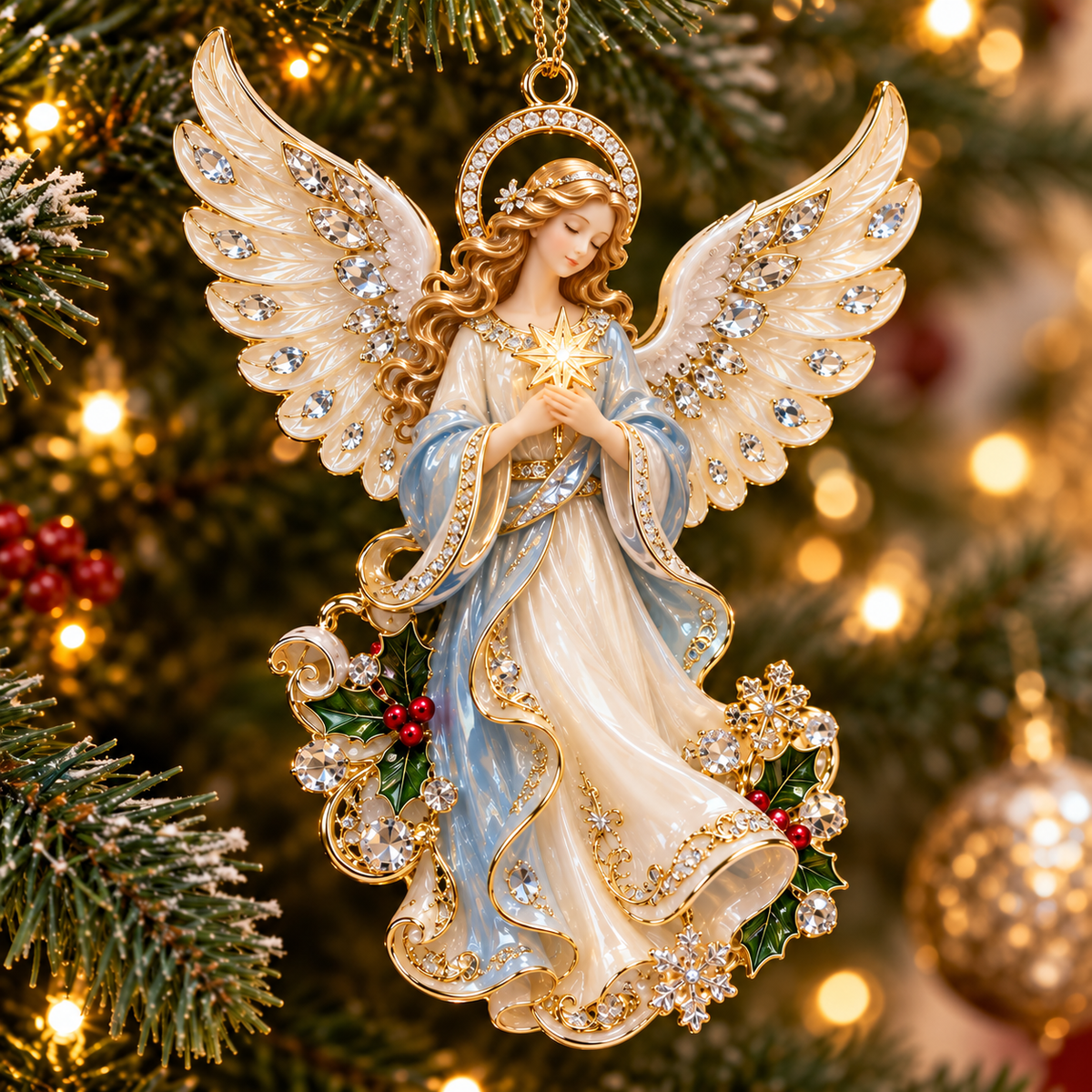gold tone filigree faux crystal and pearl angel ornament details