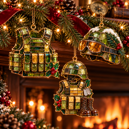 ✨ 2026 Military Christmas Ornaments – Set of 6 |  Vintage Stained Glass Tactical Vest, Military Helmet, Rifle & Soldier Gear Hanging Decorations | Christmas Tree Ornaments & Unique Gifts for Veterans & Military Families