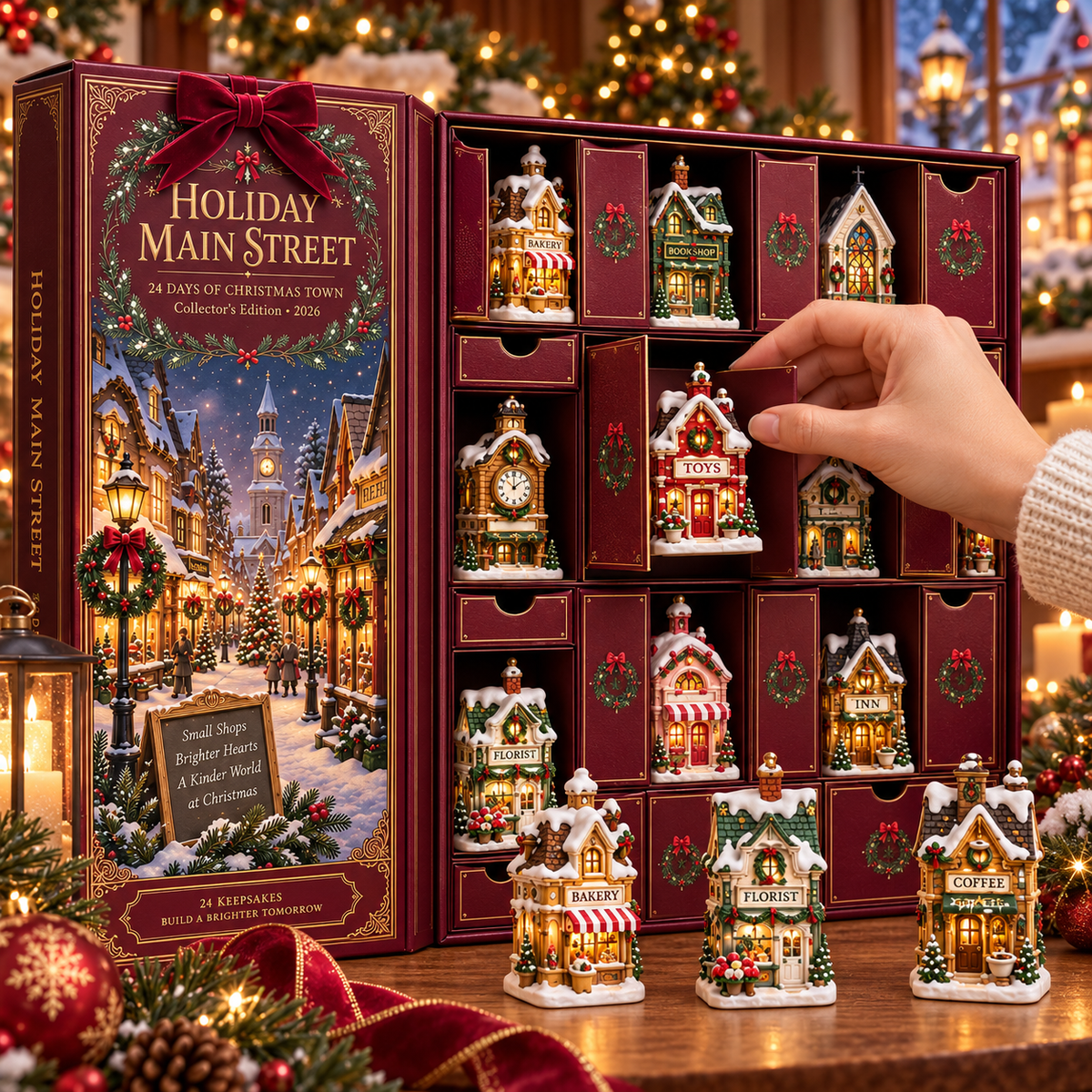 2026 Holiday Main Street 24-Day Christmas Countdown Calendar – 24 Unique Christmas Village Shop Miniatures, Charming Snowy Town Collector’s Gift