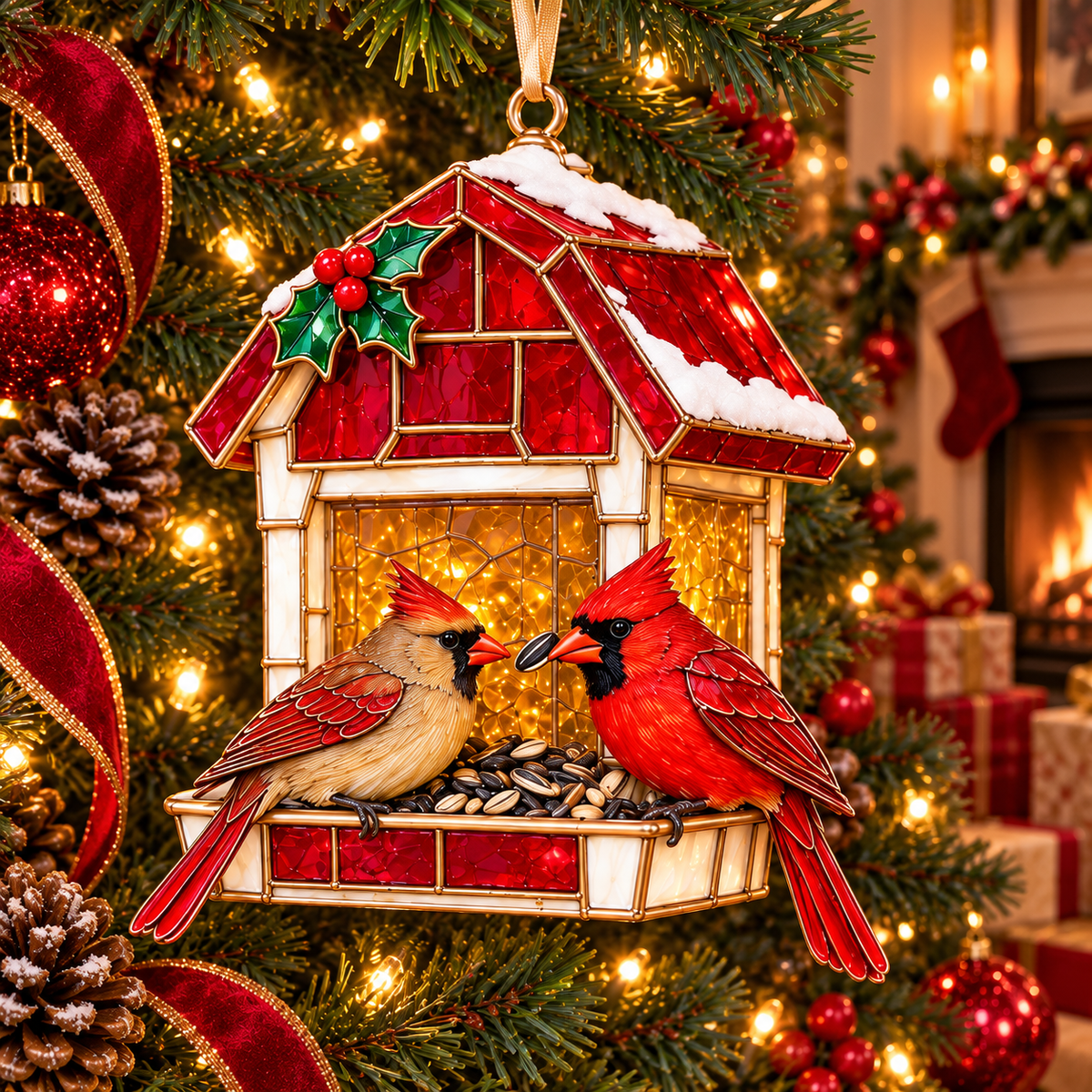 Vintage Bird Feeder Christmas Ornaments – 6-Piece Stained Glass-Style Backyard Birds Collection
