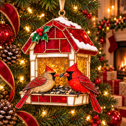 Vintage Bird Feeder Christmas Ornaments – 6-Piece Stained Glass-Style Backyard Birds Collection