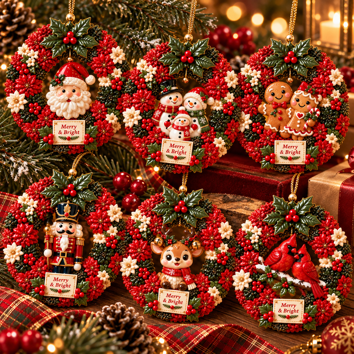 Merry & Bright Christmas Wreath Ornament Collection – 6-Piece  Santa, Snowman, Gingerbread, Nutcracker, Reindeer & Cardinal Christmas Tree Decorations | Festive Holiday Keepsake Gifts