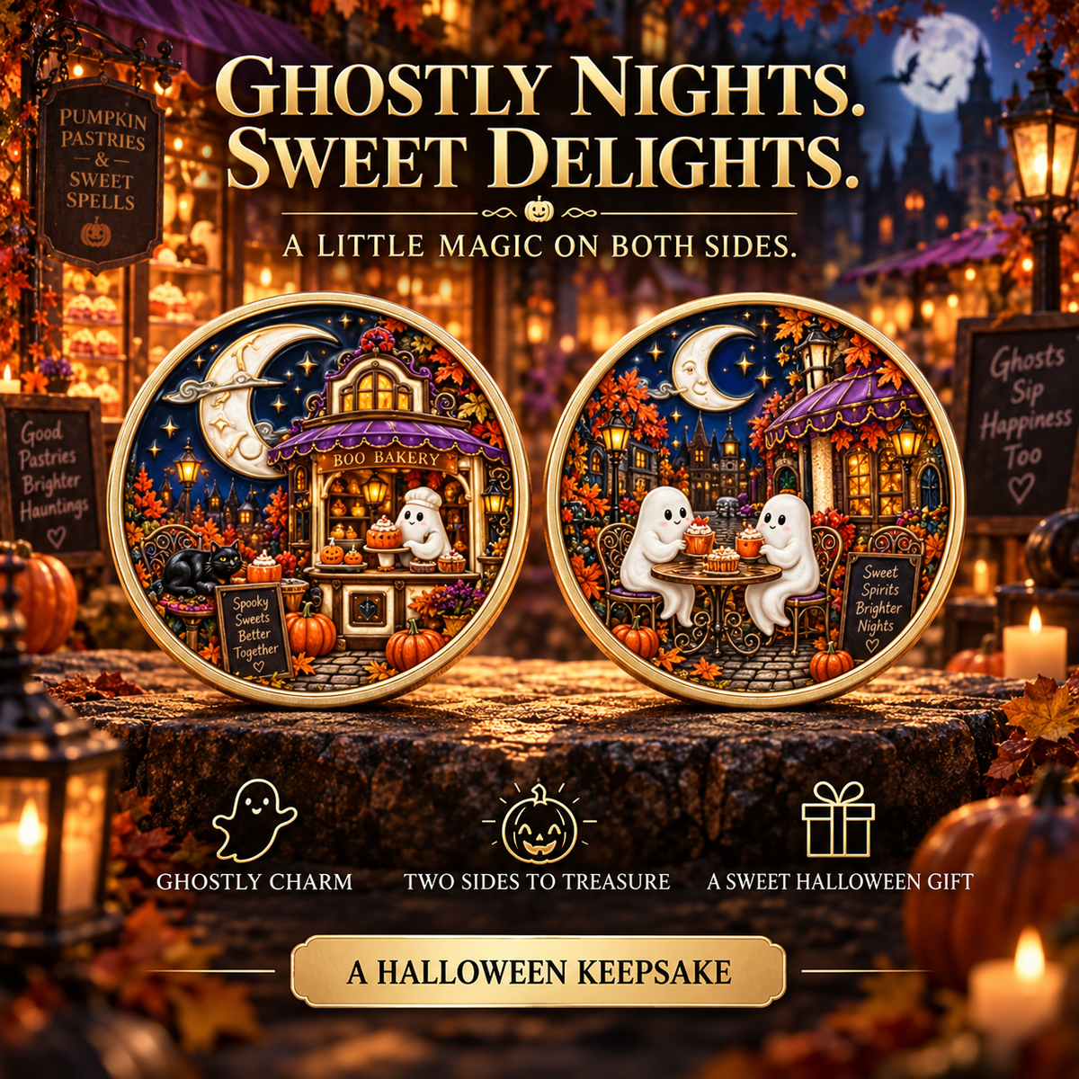 2026 Enchanted Halloween Collectible Coins – 8 Double-Sided Designs with Witches, Ghosts & Moonlit Villages