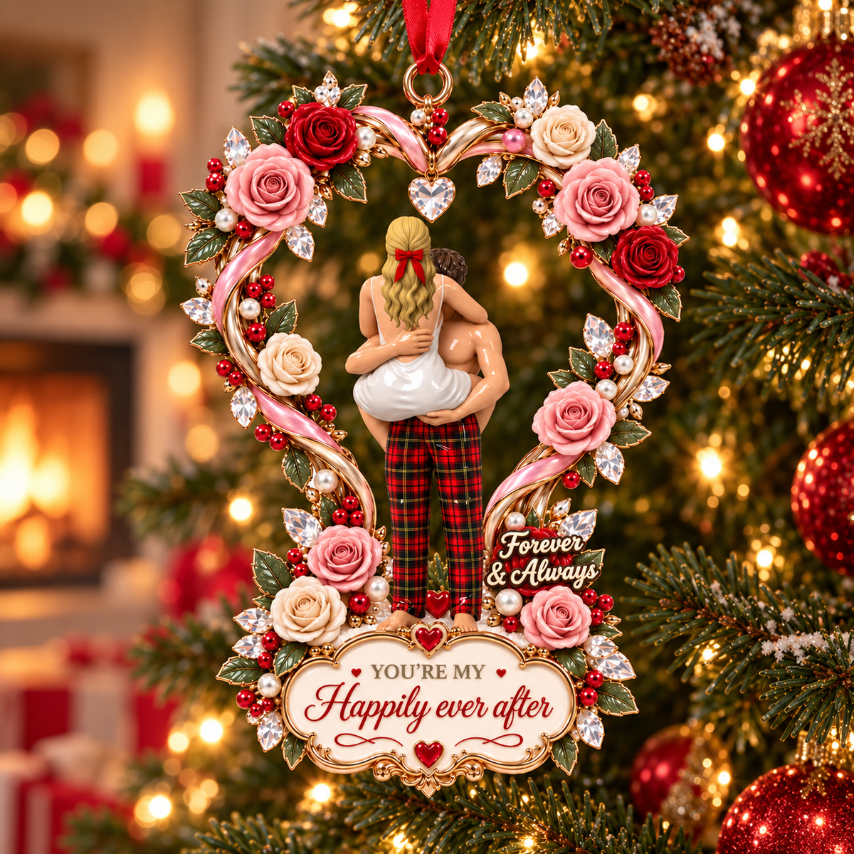 2026 “Happily Ever After” Couples Christmas Ornament –  Rose Heart Keepsake Gift