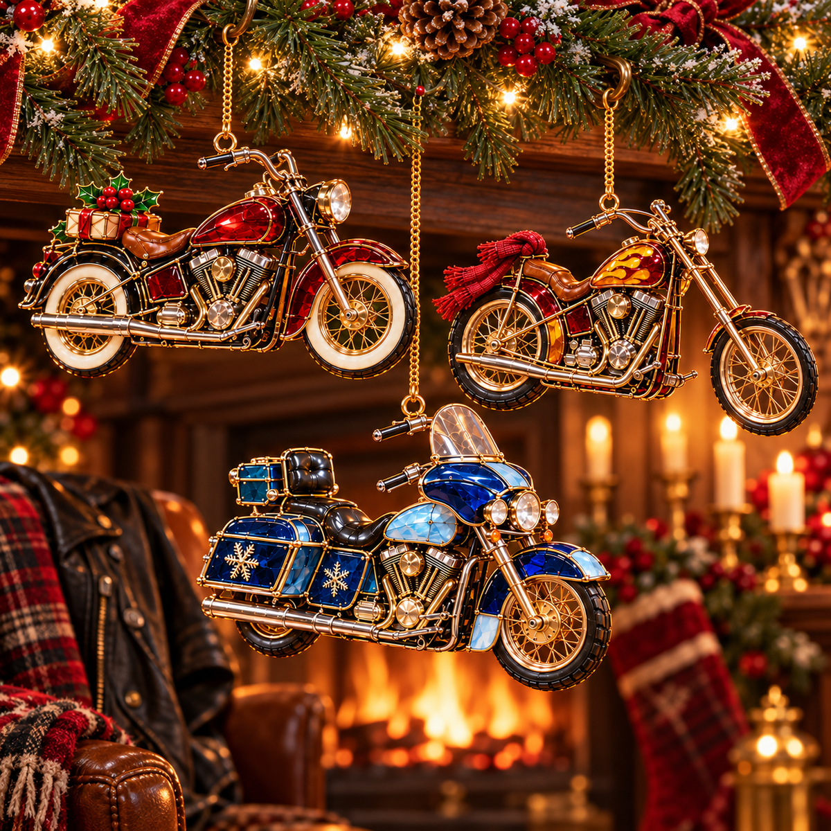 ✨ 2026 Vintage Stained Glass Motorcycle Christmas Ornaments – Set of 6 |  Retro Cruiser, Sidecar, Chopper & Adventure Motorbike Hanging Decorations | Christmas Tree Ornaments & Biker Gifts