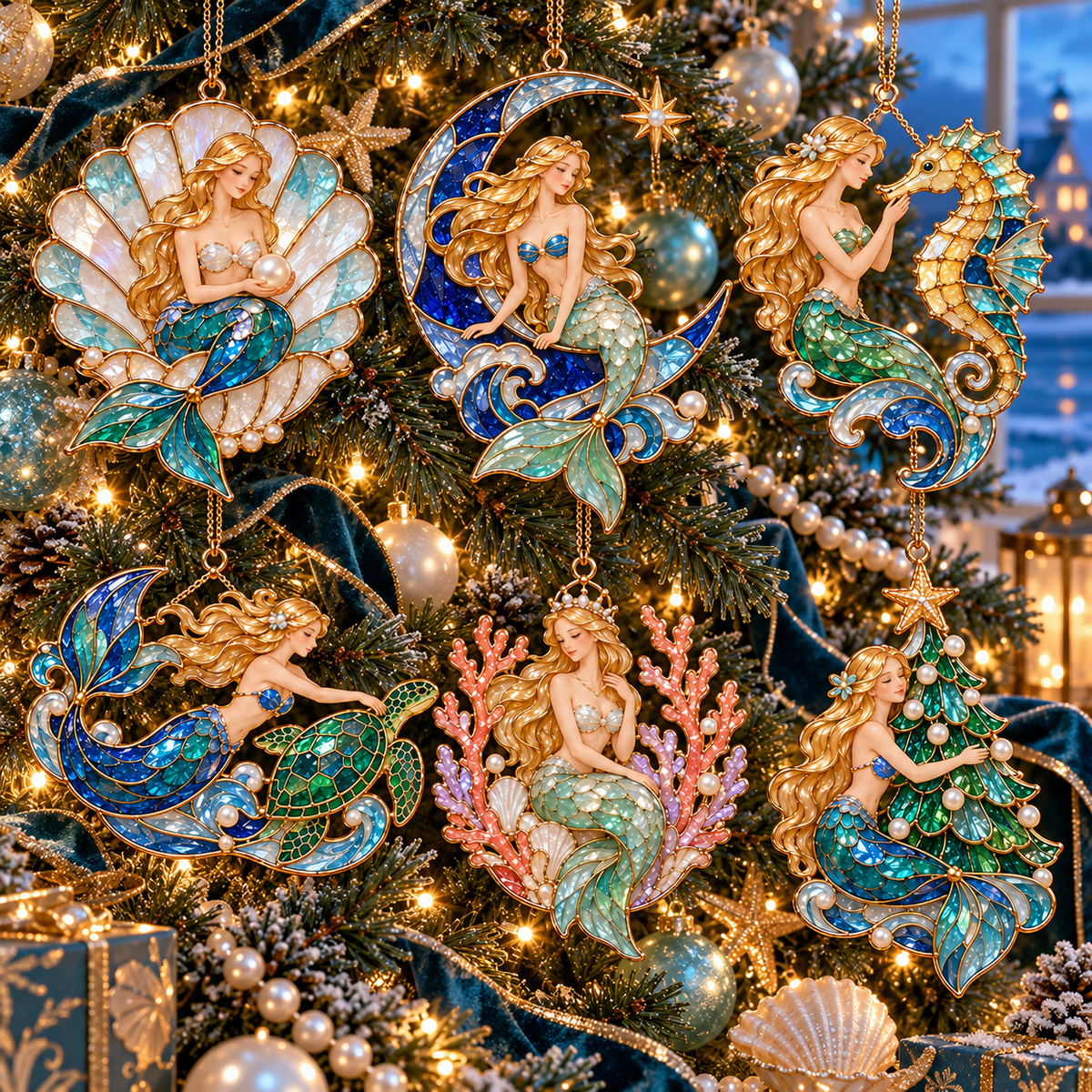 Ocean Enchantment – Vintage Stained-Glass Style Mermaid Christmas Ornaments, Set of 6