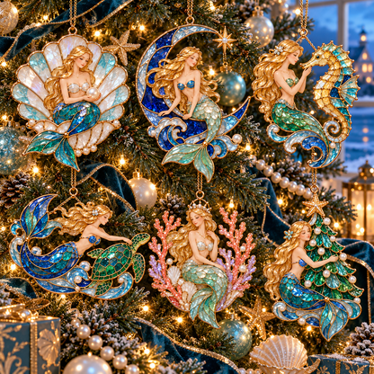 Ocean Enchantment – Vintage Stained-Glass Style Mermaid Christmas Ornaments, Set of 6