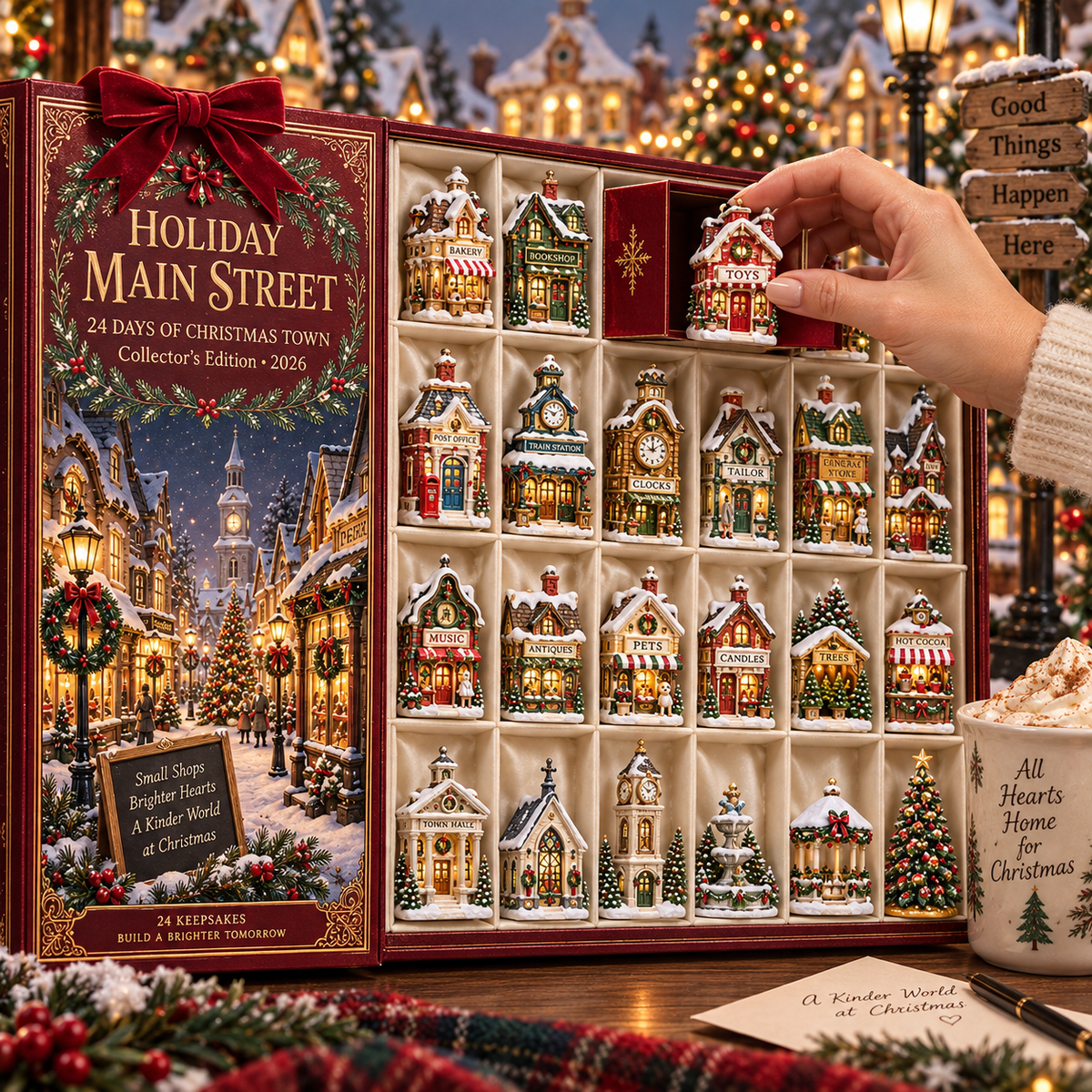 2026 Holiday Main Street 24-Day Christmas Countdown Calendar – 24 Unique Christmas Village Shop Miniatures, Charming Snowy Town Collector’s Gift