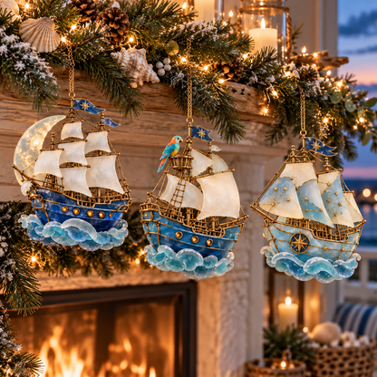 ⛵ 2026 Coastal Christmas Sailing Ship Ornaments – Set of 6 Nautical Holiday Keepsakes