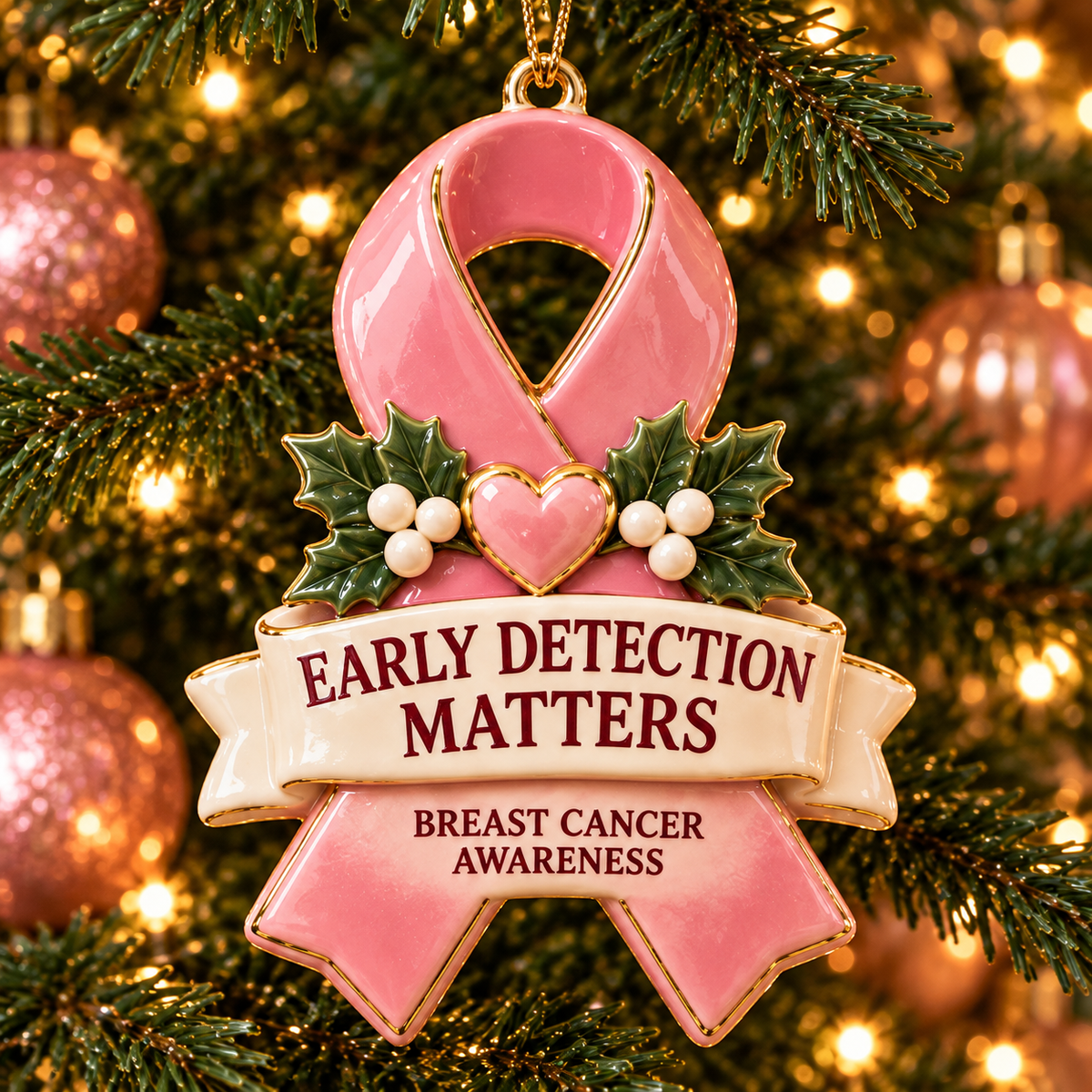 Pink Ribbon Christmas Ornaments – 6-Piece Breast Cancer Awareness Gift Set of Hope, Love & Support