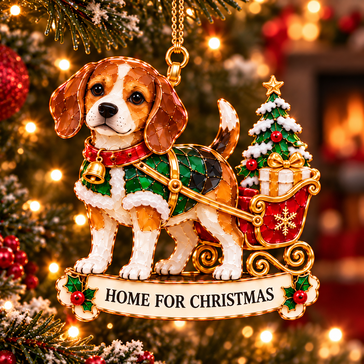 2026 Beagle Christmas Ornament Gift Set – 6 Festive Designs with Stained Glass Style & Heartwarming Wishes