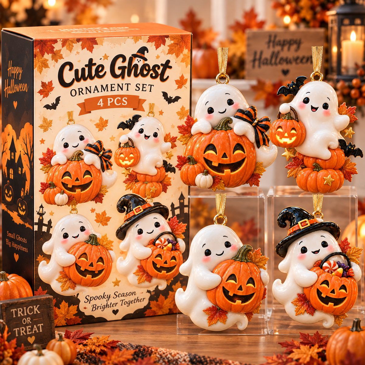 Cute Ghost & Pumpkin Halloween Ornament  –  Spooky-Cute Hanging Keepsake Collection, Fun Halloween Gift for Family & Ghost Lovers