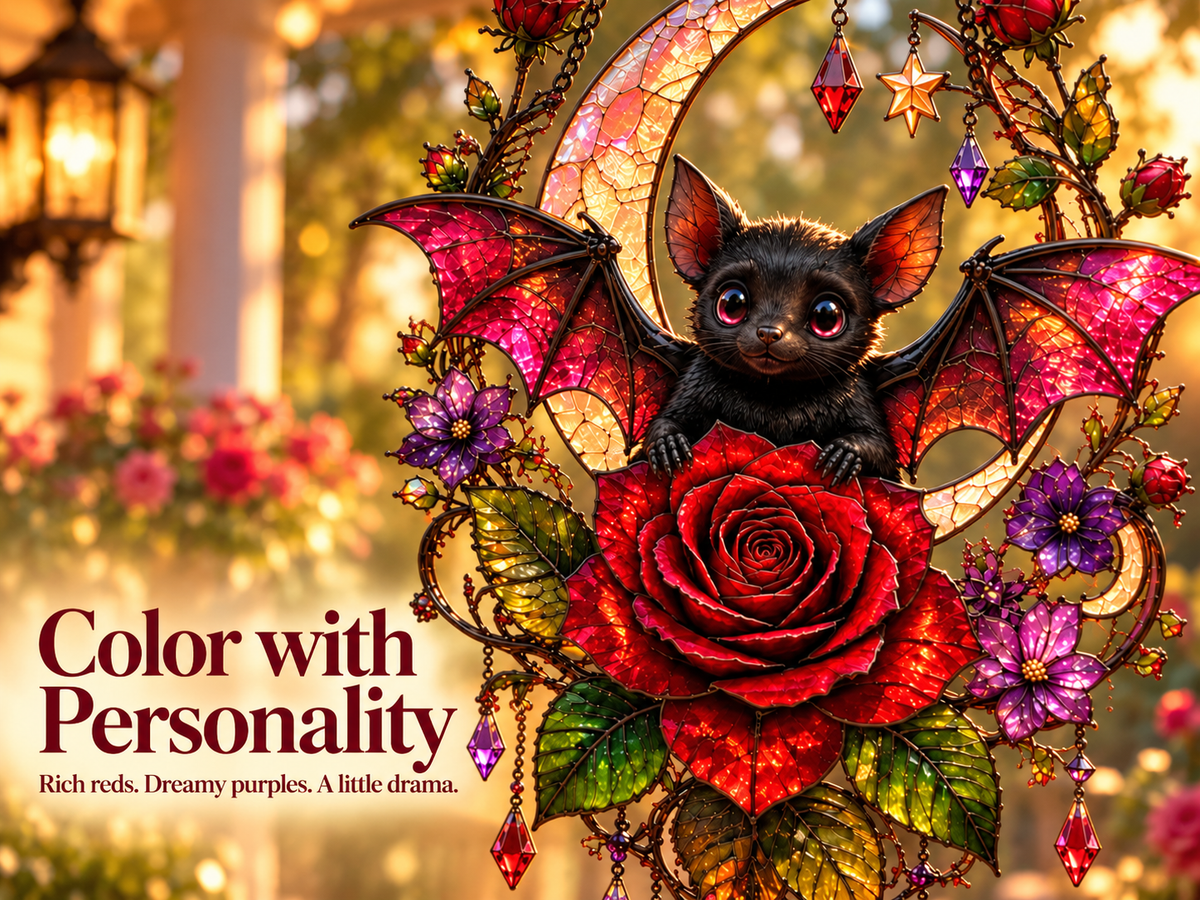 Gothic bat crescent moon and rose stained-glass-style hanging window decoration