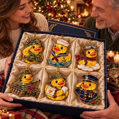 Military Duck Christmas Ornaments – 6-Piece Vintage Stained-Glass Style Gift Set