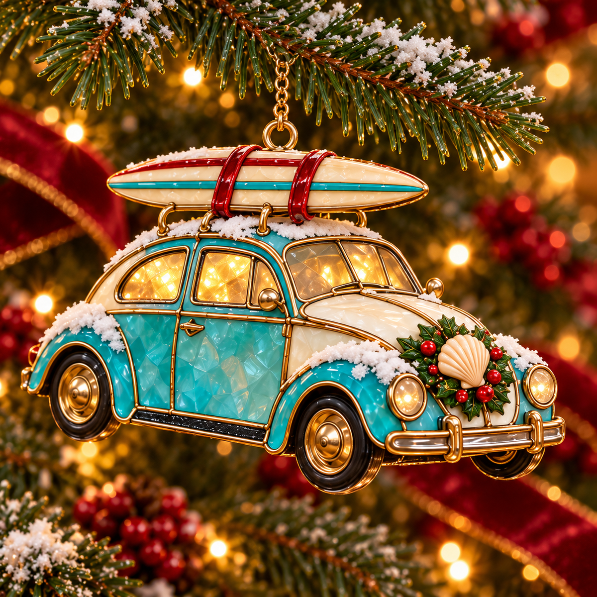 Vintage Christmas Rides – 6-Piece Stained-Glass Style Car Ornament Set