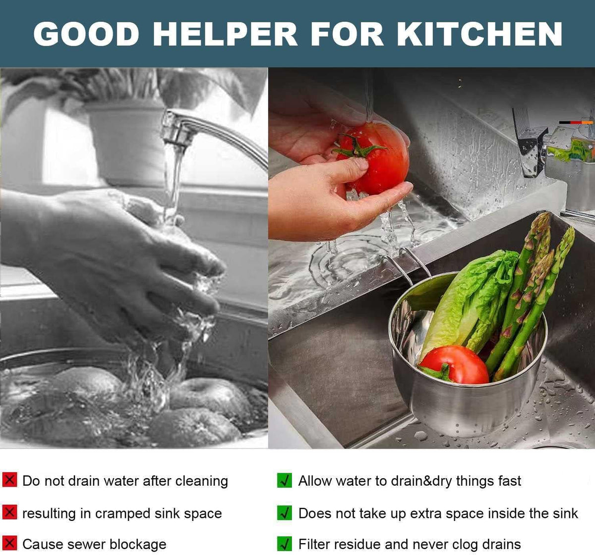 Stainless Steel Sink Hanging Drain Basket, with Handle Fast Draining 🚰