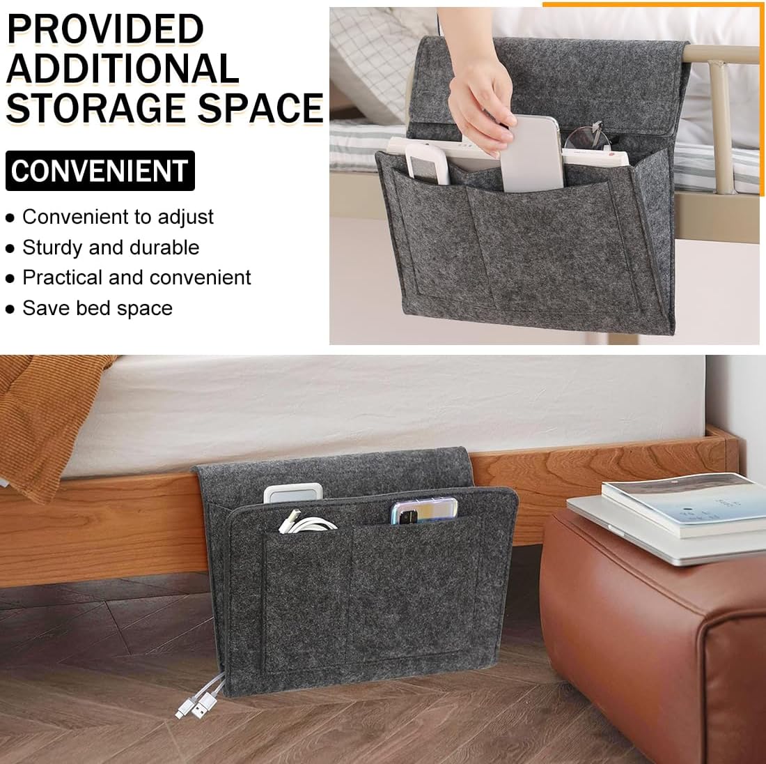 Bedside Caddy, 5 Pockets Felt Bedside Storage Organizer, Hanging Storage Organizer🛏️ - image 6