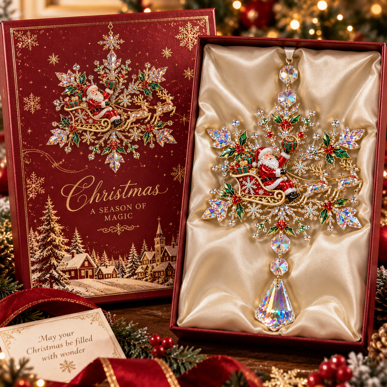 2026 Santa Sleigh Crystal Snowflake Ornament – Sparkling Reindeer & Holly Christmas Suncatcher, Elegant Holiday Tree Decoration & Keepsake Gift
